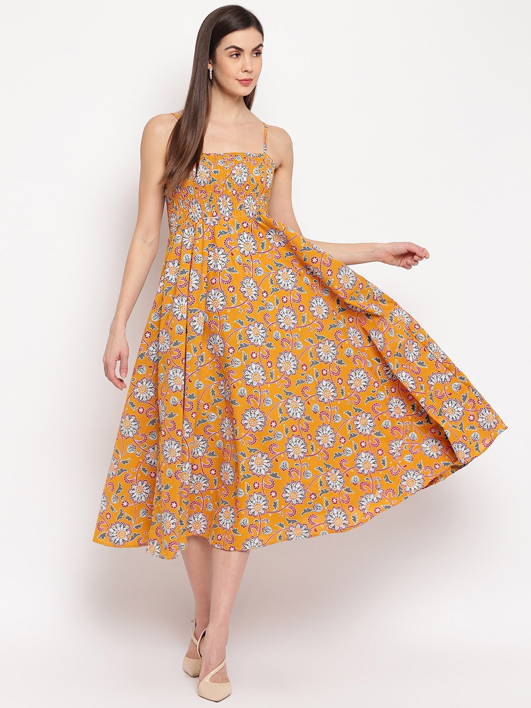 

Aawari Women Mustard Yellow & Grey Printed Fit and Flare Dress