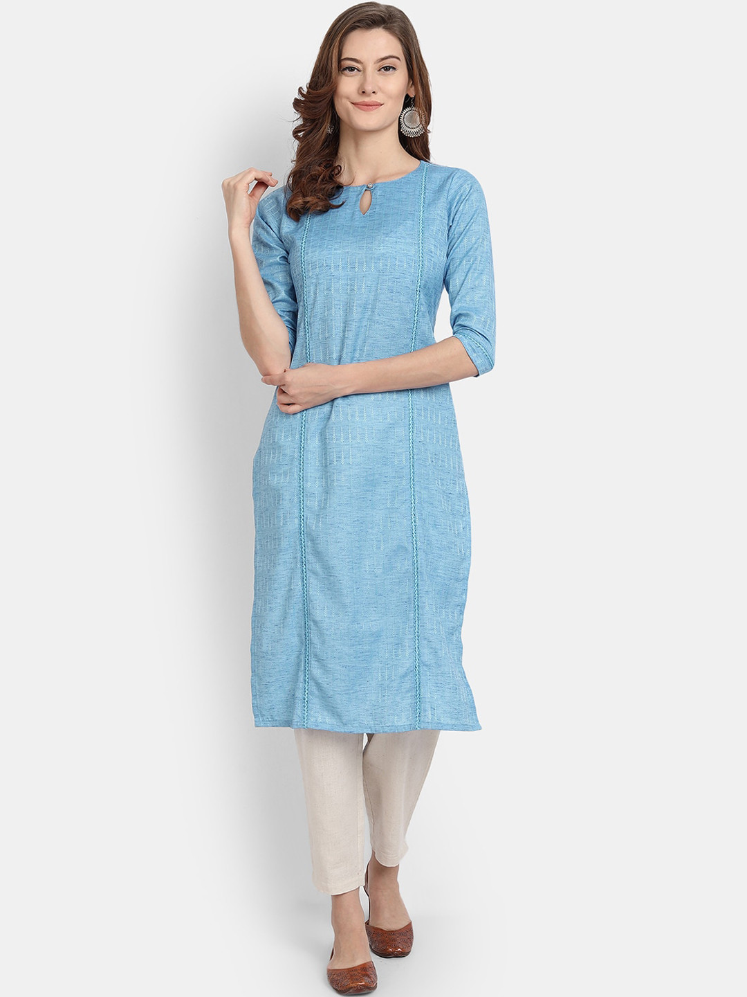 

HK colours of fashion Women Blue Embroidered Keyhole Neck Straight Kurta