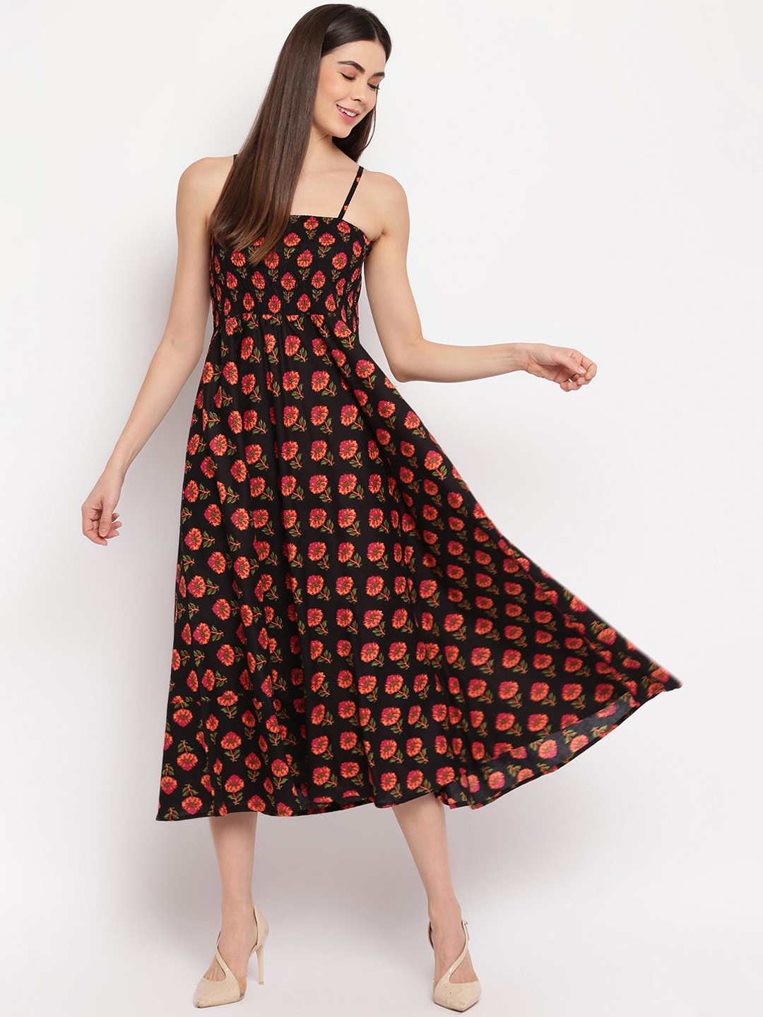 

Aawari Women Black & Orange Printed Fit and Flare Dress