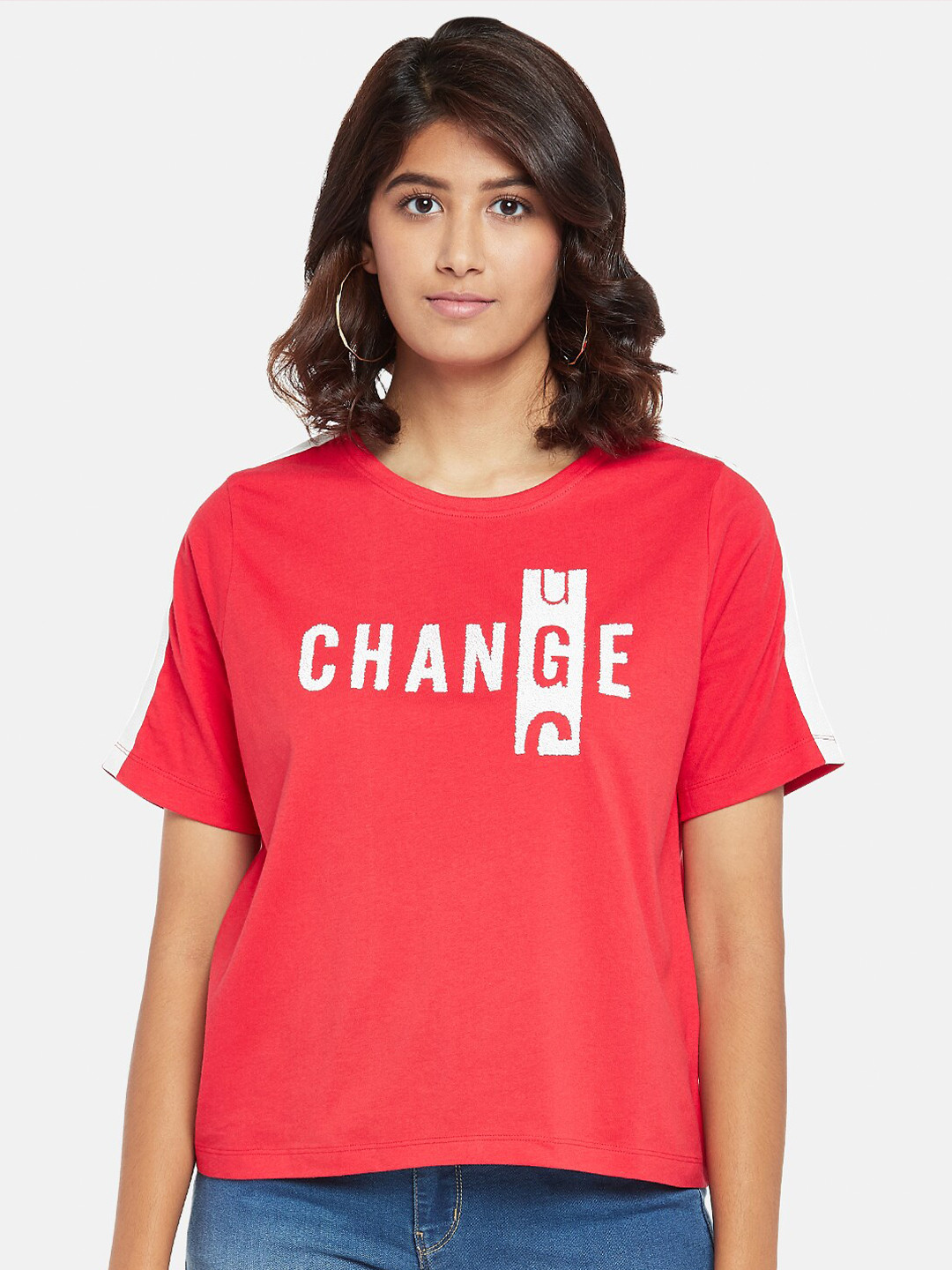 

People Women Red Printed Round Neck T-shirt