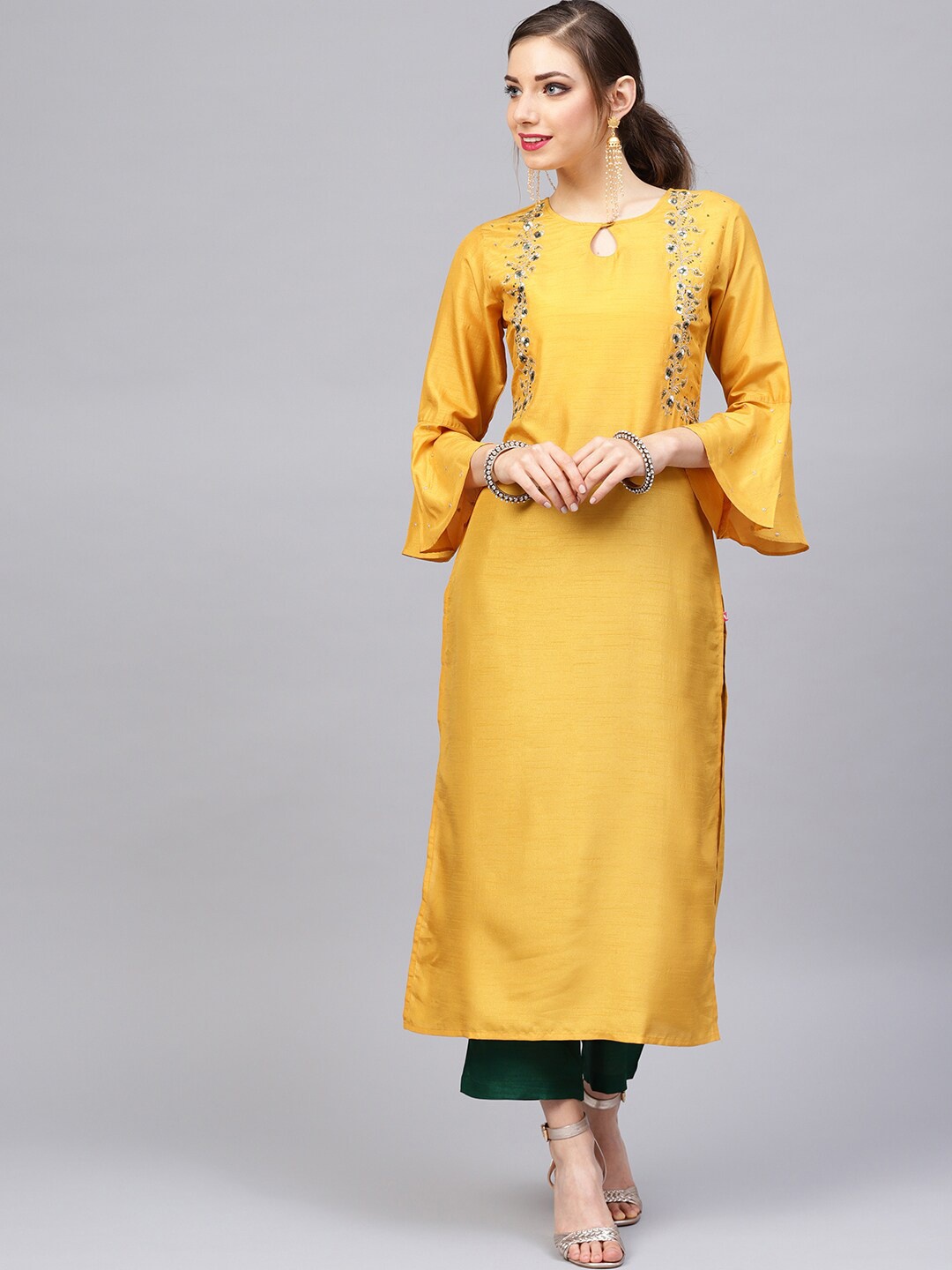 

Varanga Women Mustard & Green Embroidered Kurta with Palazzos