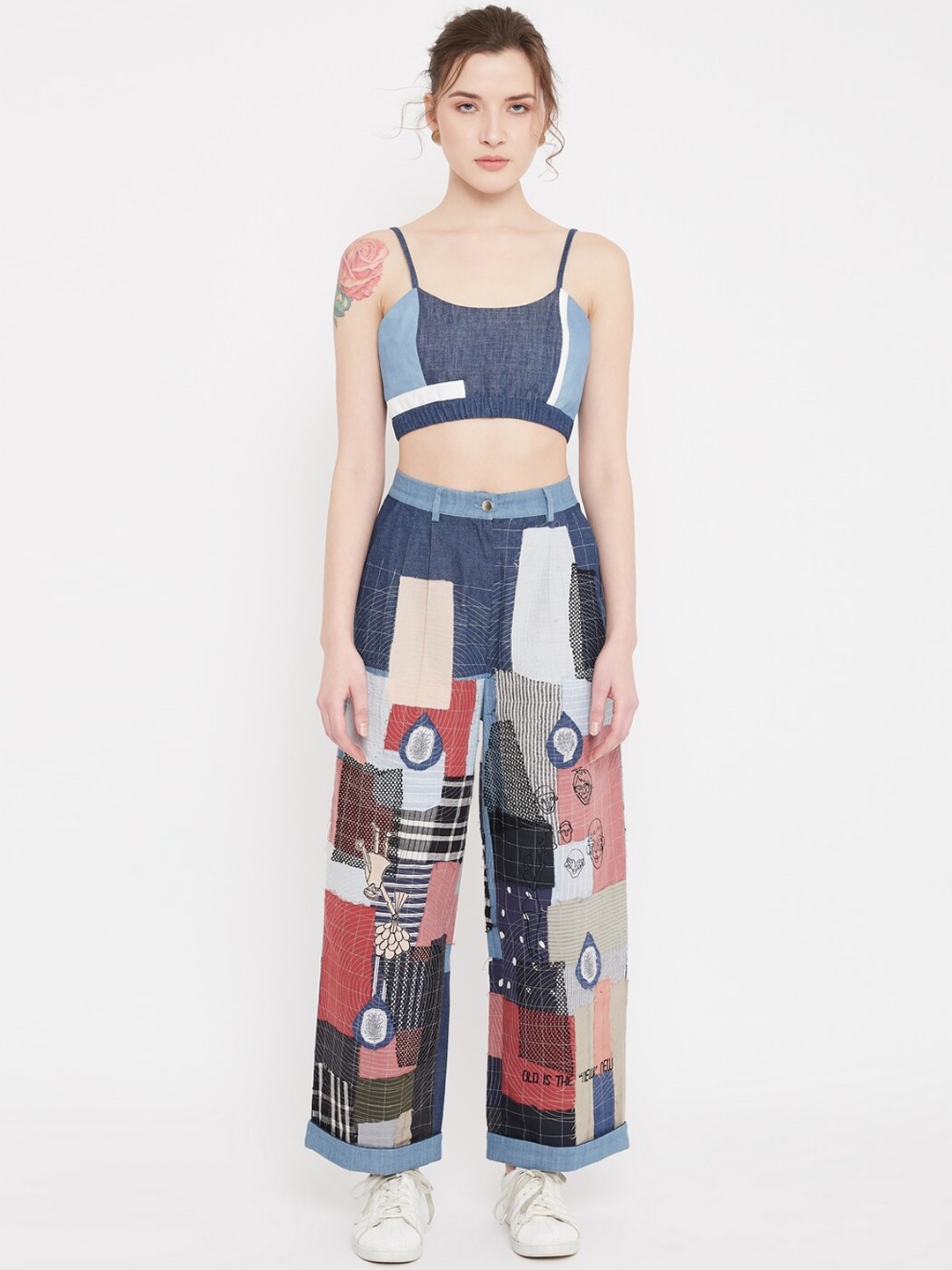 

Doodlage Women Multicoloured Regular Fit Printed Patchwork Parallel Trousers, Multi