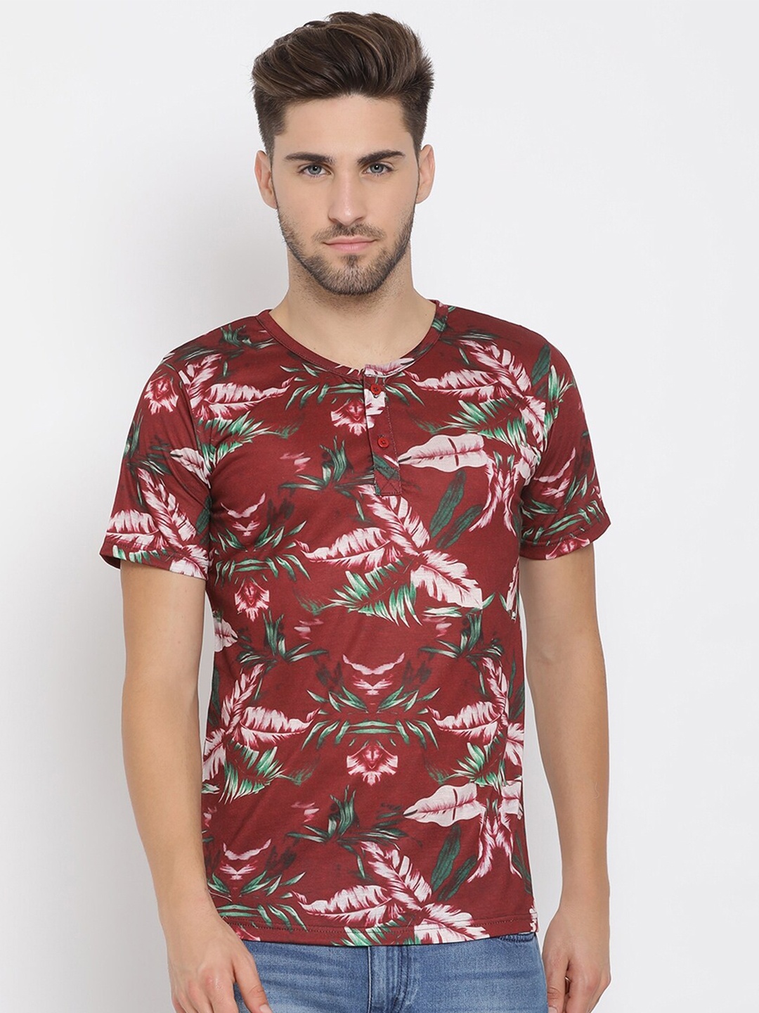 

Hangup Men Rust Brown & Green Printed Henley Neck T-shirt