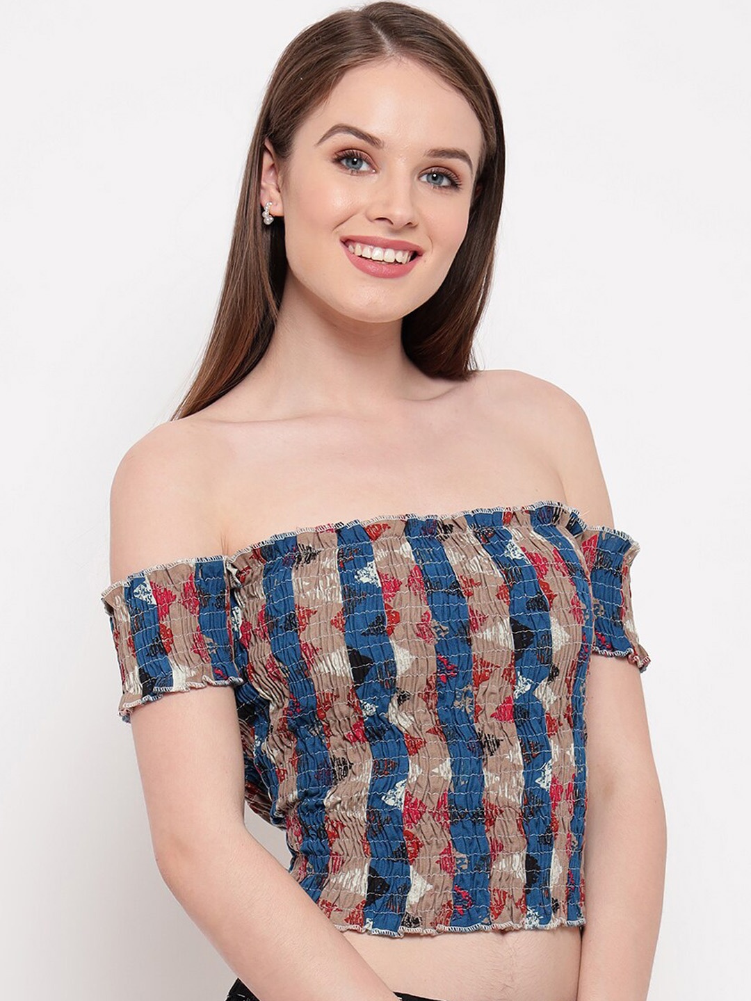 Aawari Women Multicoloured Off-Shoulder Bardot Crop Top, Multi