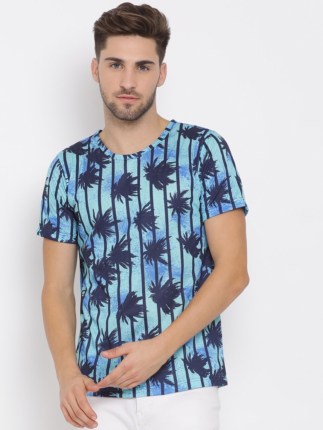 

hangup trend Men Blue Printed Round Neck Pure Cotton T-shirt
