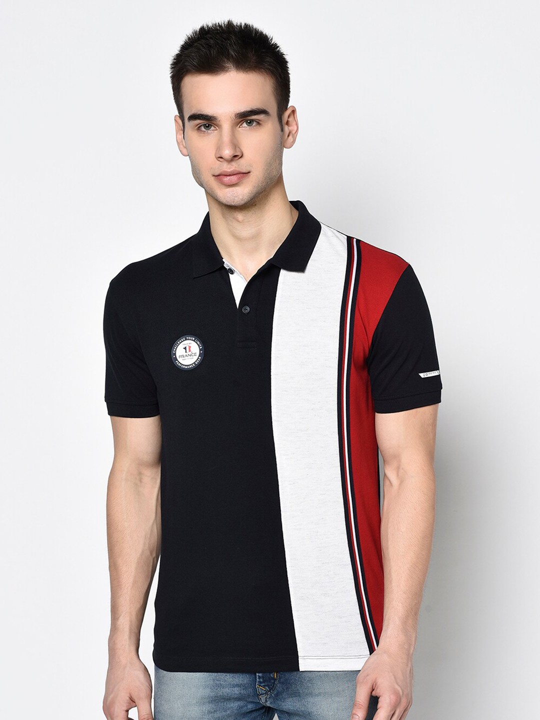 

Octave Men Navy Blue & White Striped Polo Collar T-shirt
