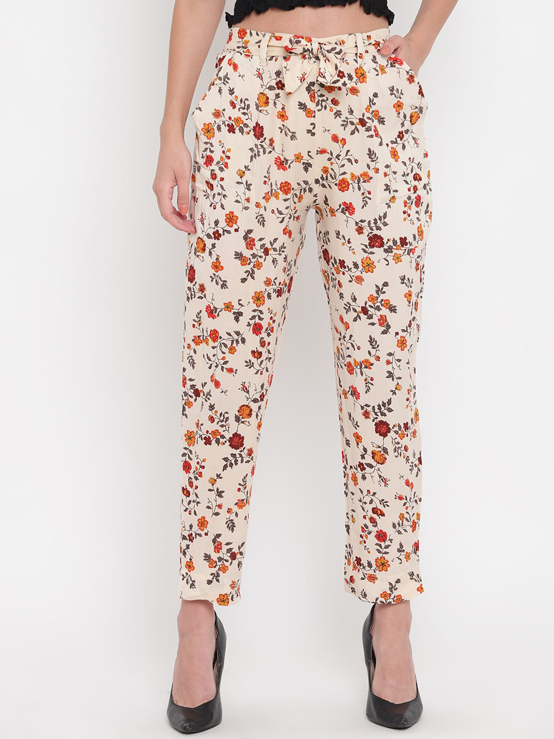 

Aawari Women Off-White & Mustard Yellow Regular Fit Printed Regular Trousers