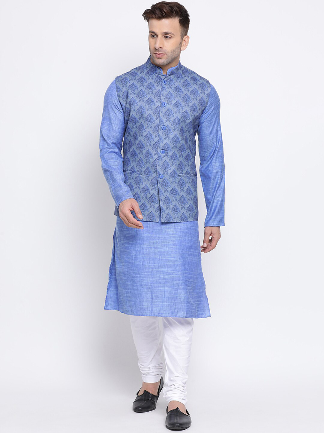 

NAMASKAR Men Blue & White Solid Kurta with Churidar & Nehru Jacket