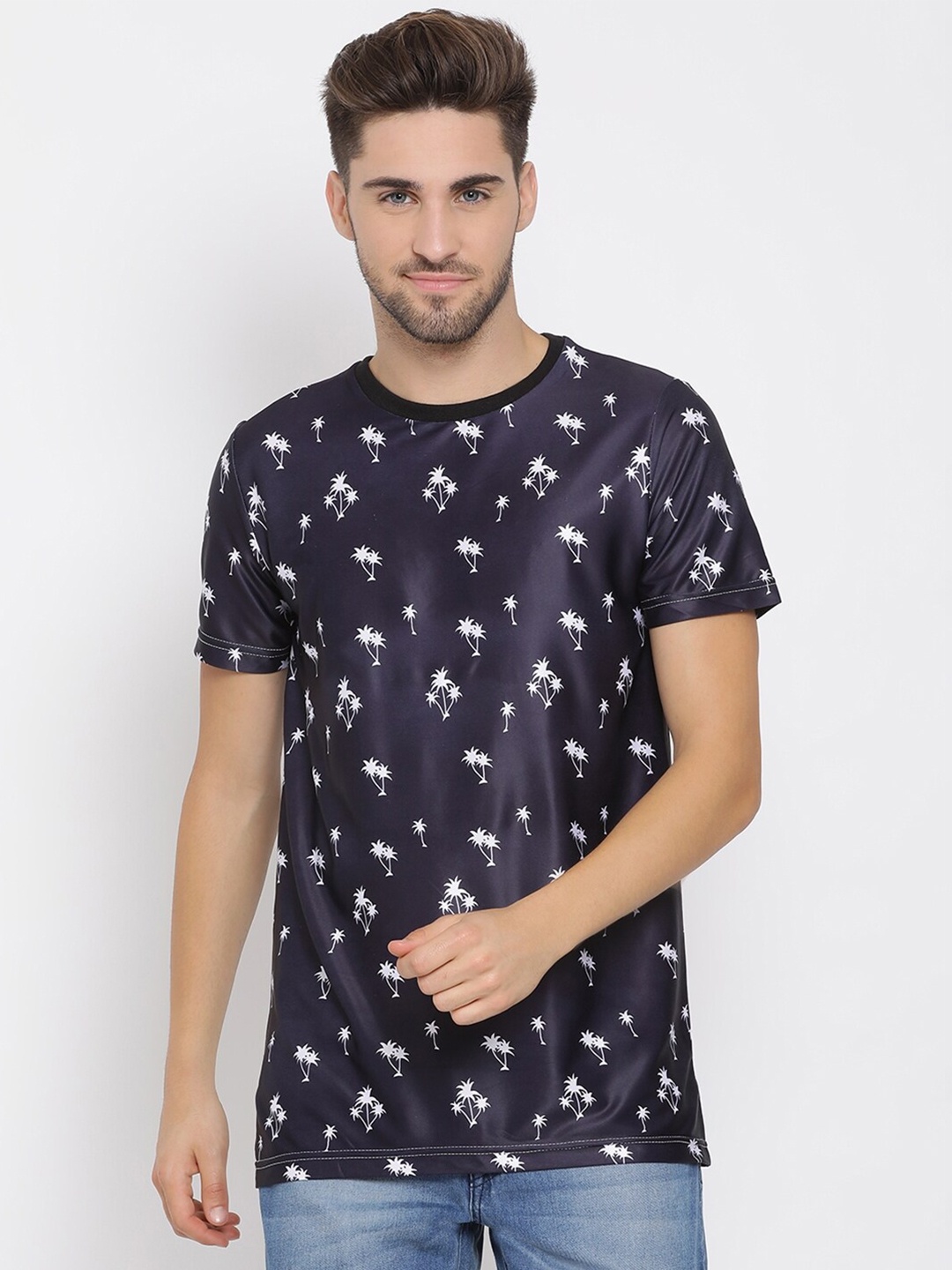 

hangup trend Men Navy Blue & White Cotton Printed Round Neck T-shirt