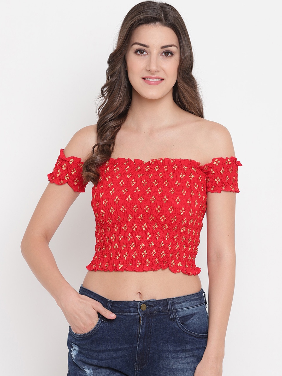

Aawari Red & Beige Off-Shoulder Bardot Crop Top