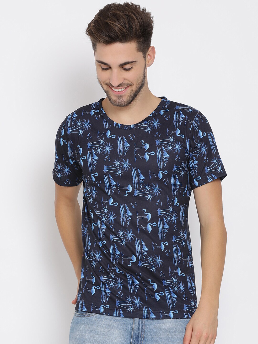 

hangup trend Men Navy Blue Printed Round Neck Pure Cotton T-shirt