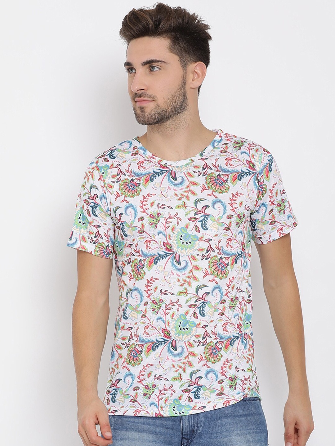 

hangup trend Men White Blue Printed Round Neck Pure Cotton T-shirt