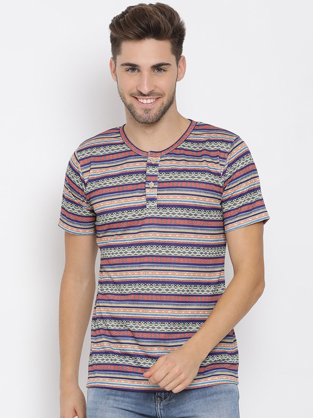 

hangup trend Men Blue & Orange Cotton Striped Henley Neck T-shirt