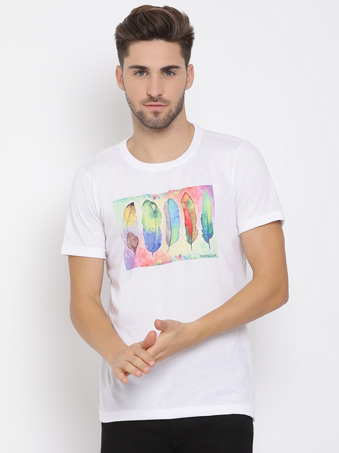 hangup trend Men White Printed Round Neck Pure Cotton T-shirt