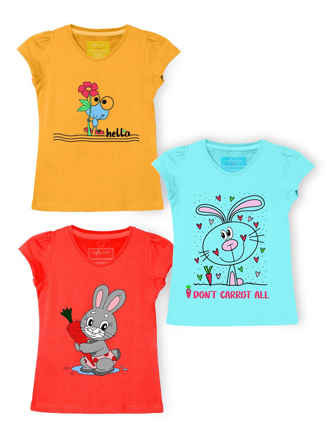 

Naughty Ninos Girls Pack of 3 Red & Blue Printed Round Neck Cotton T-shirt