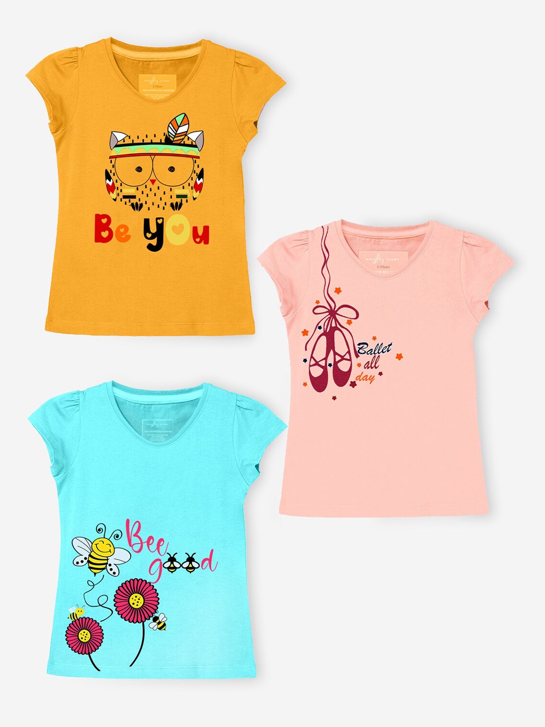

Naughty Ninos Girls Pack of 3 Peach-Coloured & Blue Printed Round Neck Cotton T-shirt