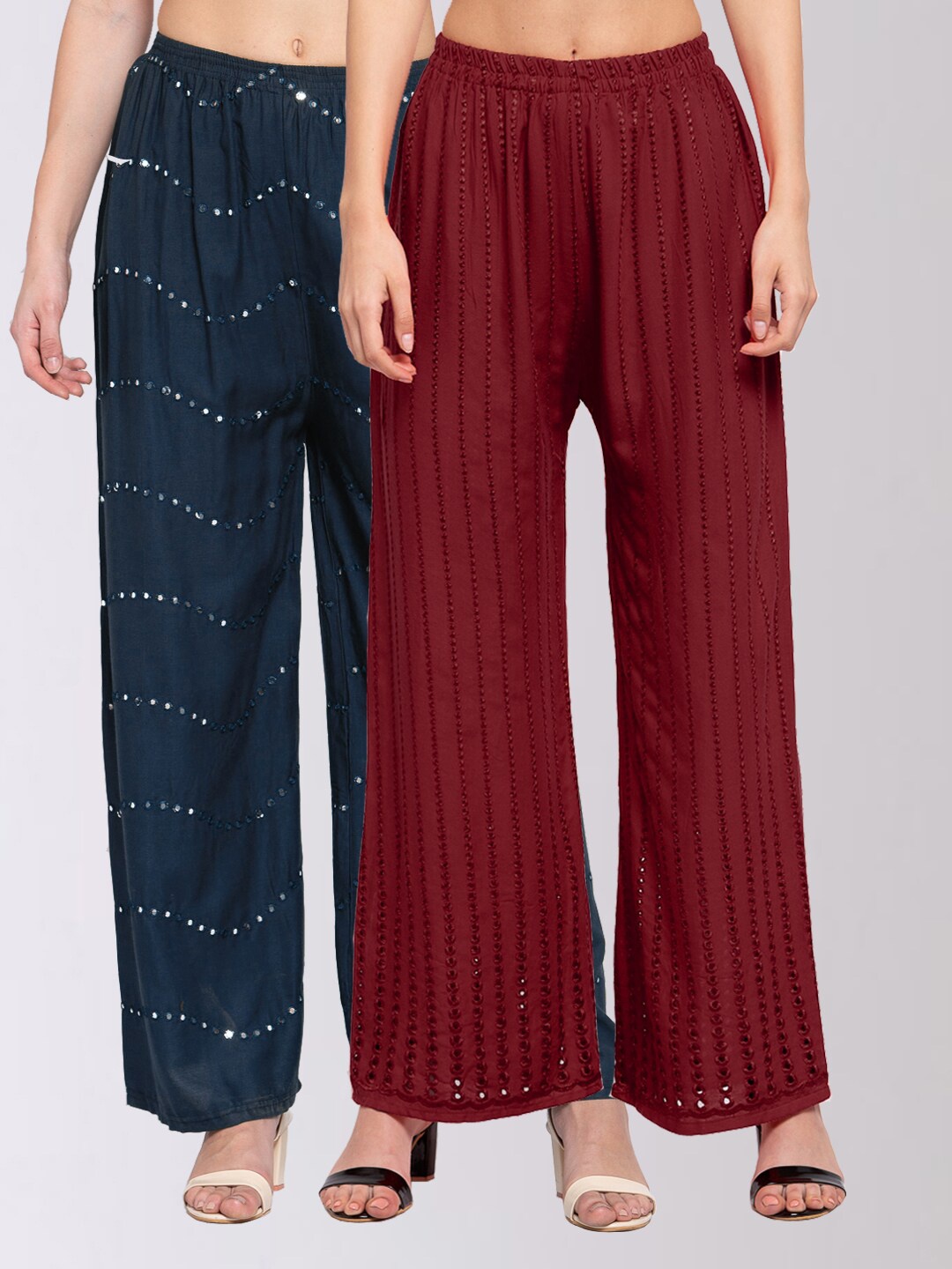 

KLOTTHE Pack of 2 Women Maroon & Navy Blue Solid Wide Leg Palazzos