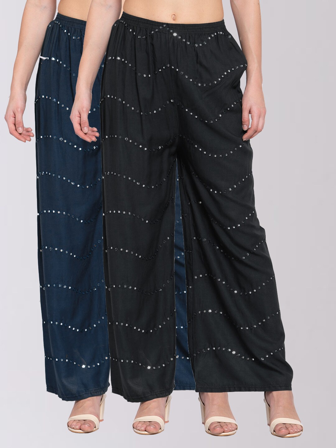 KLOTTHE Women Set of 2 Black & Teal Embellished Wide Leg Palazzos