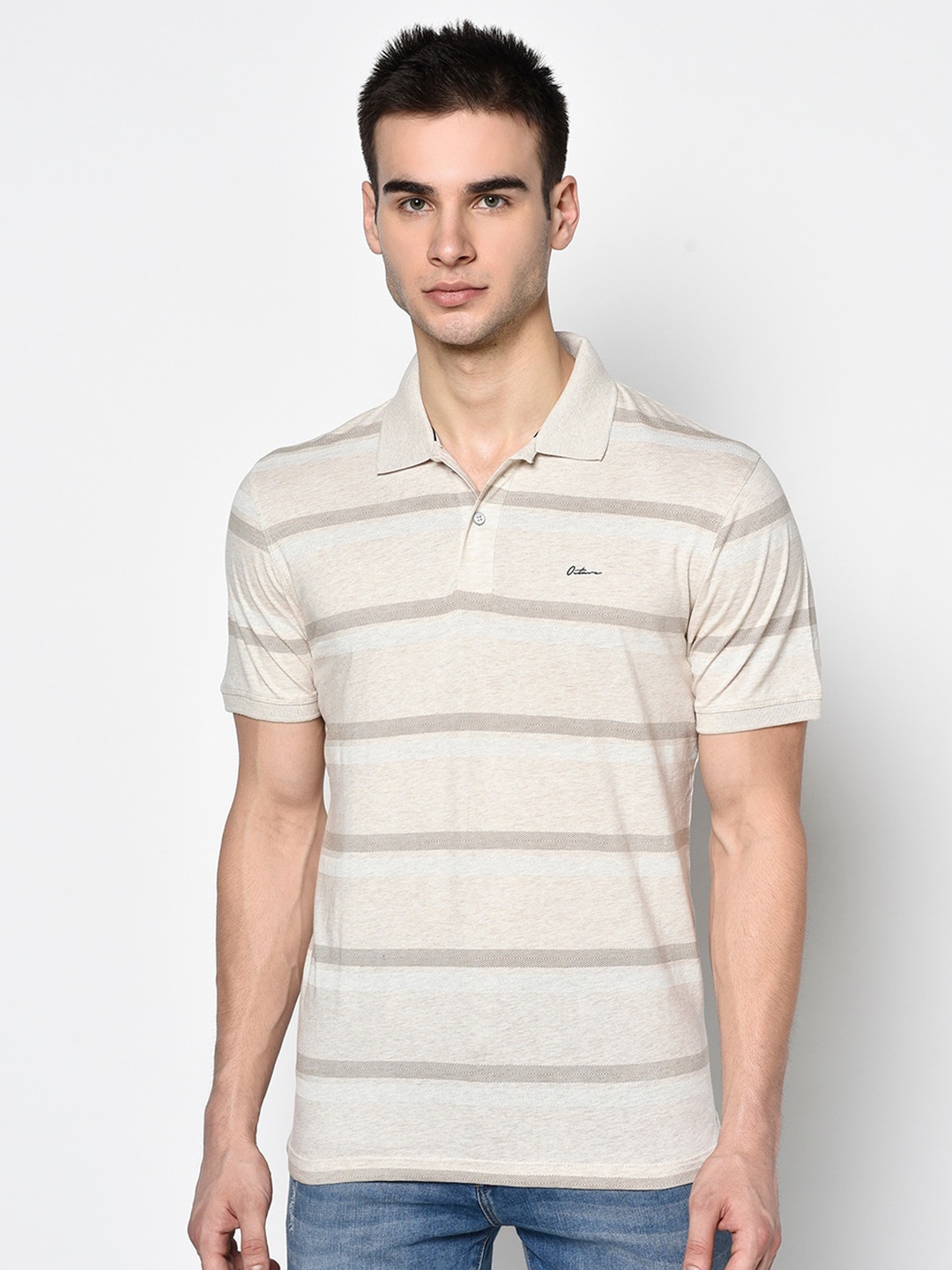 

Octave Men Beige & Brown Striped Polo Collar T-shirt