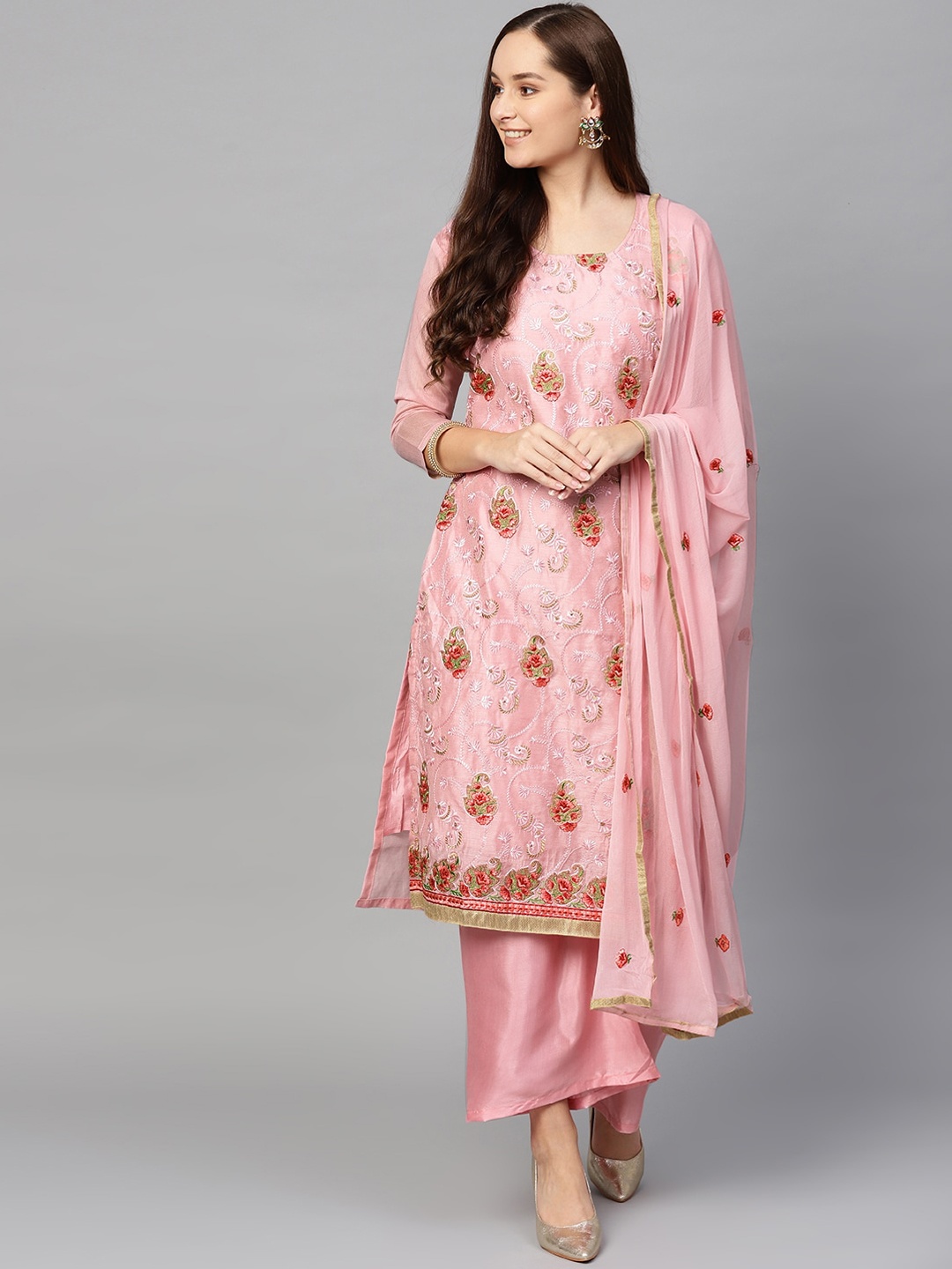 

Ishin Women Pink Embroidered Kurta with Palazzos & Dupatta