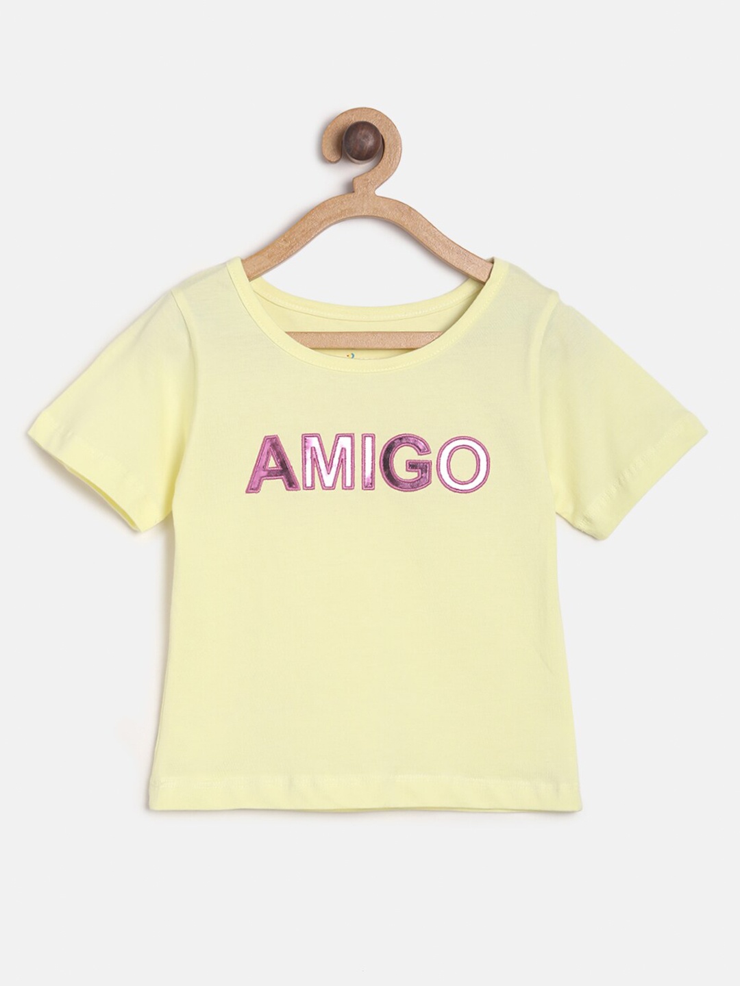 TALES & STORIES Girls Yellow Applique Detail Round Neck T-shirt