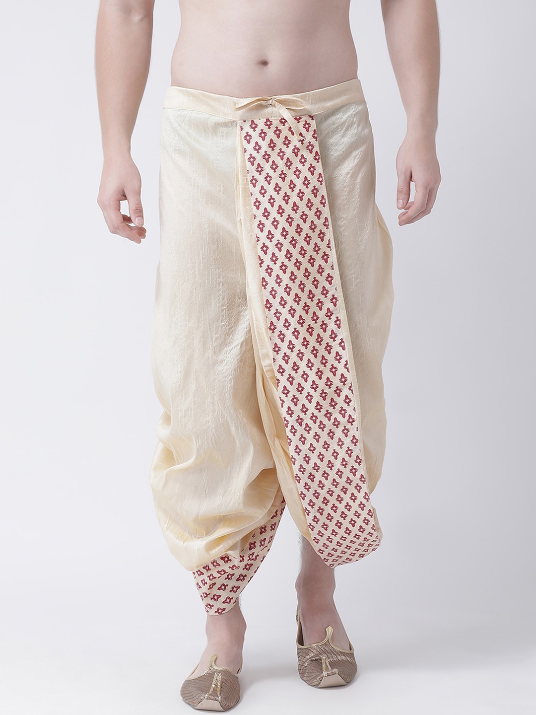 

DEYANN Men Cream-Coloured & Maroon Printed Dupion Silk Dhoti