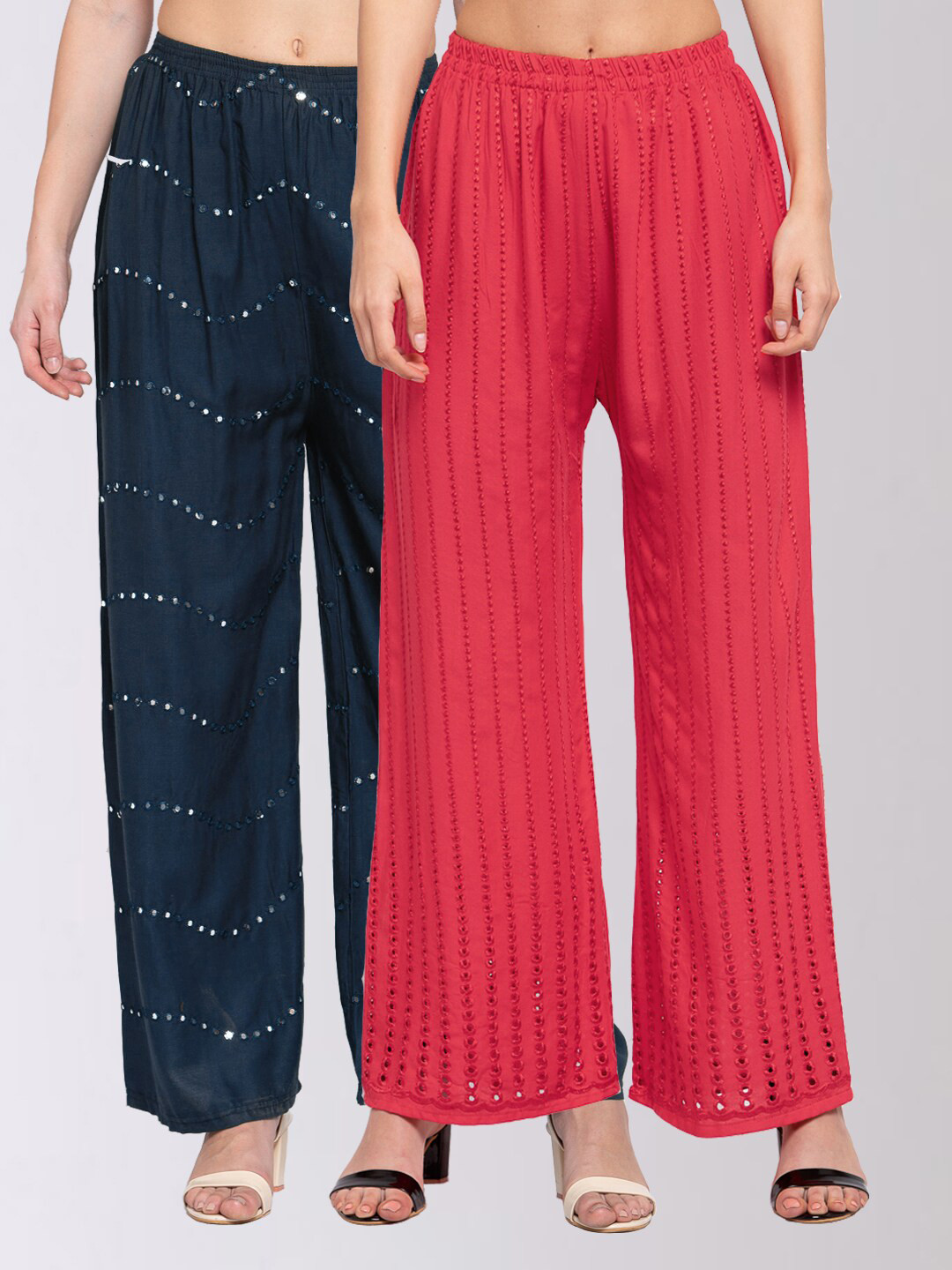 

KLOTTHE Pack of 2 Women Navy Blue & Pink Solid Wide Leg Palazzos