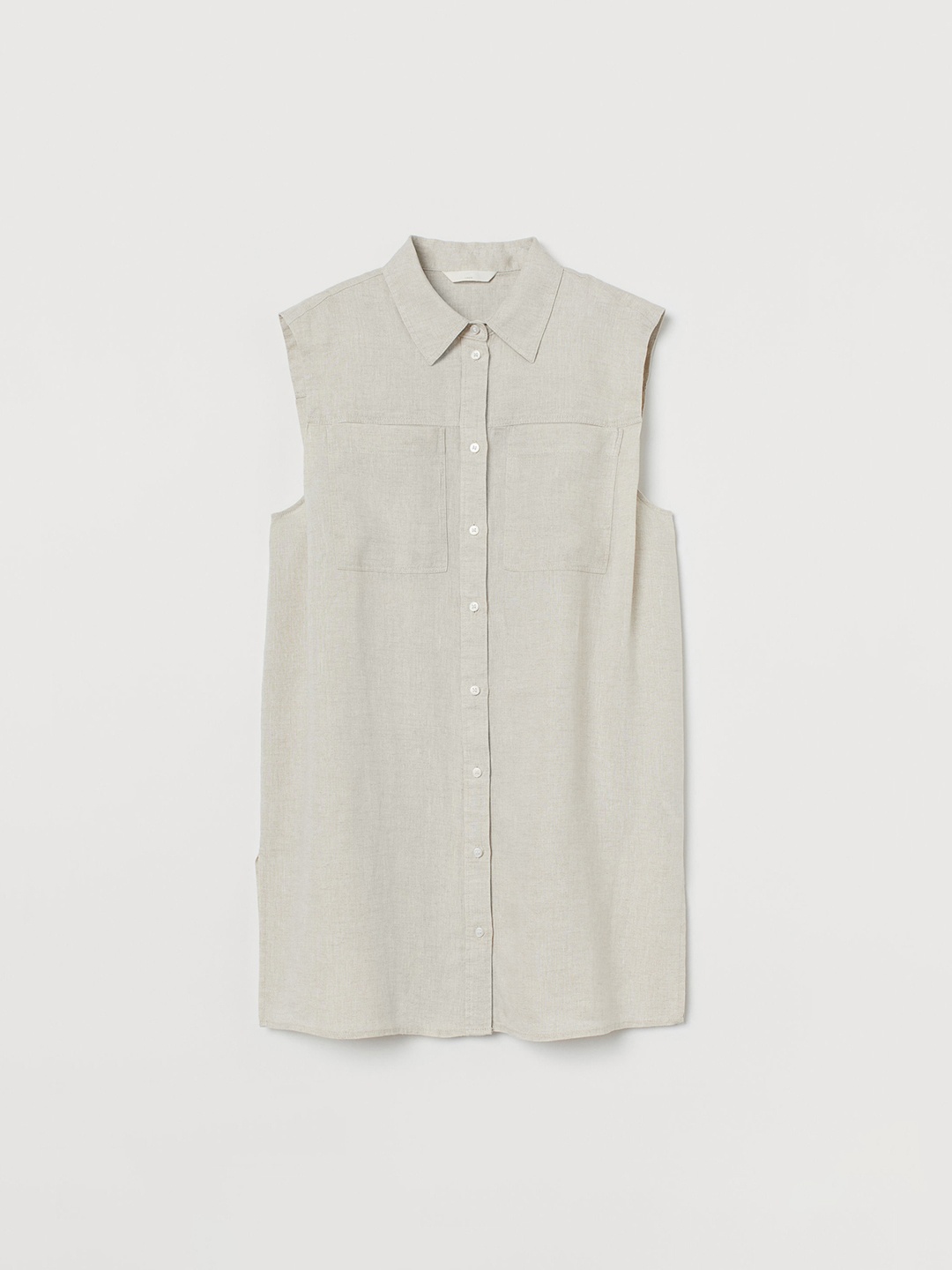

H&M Women Beige Solid Sleeveless Linen Blouse