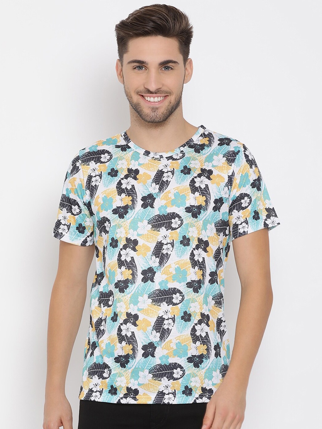 

hangup trend Men Blue Yellow Printed Round Neck Pure Cotton T-shirt