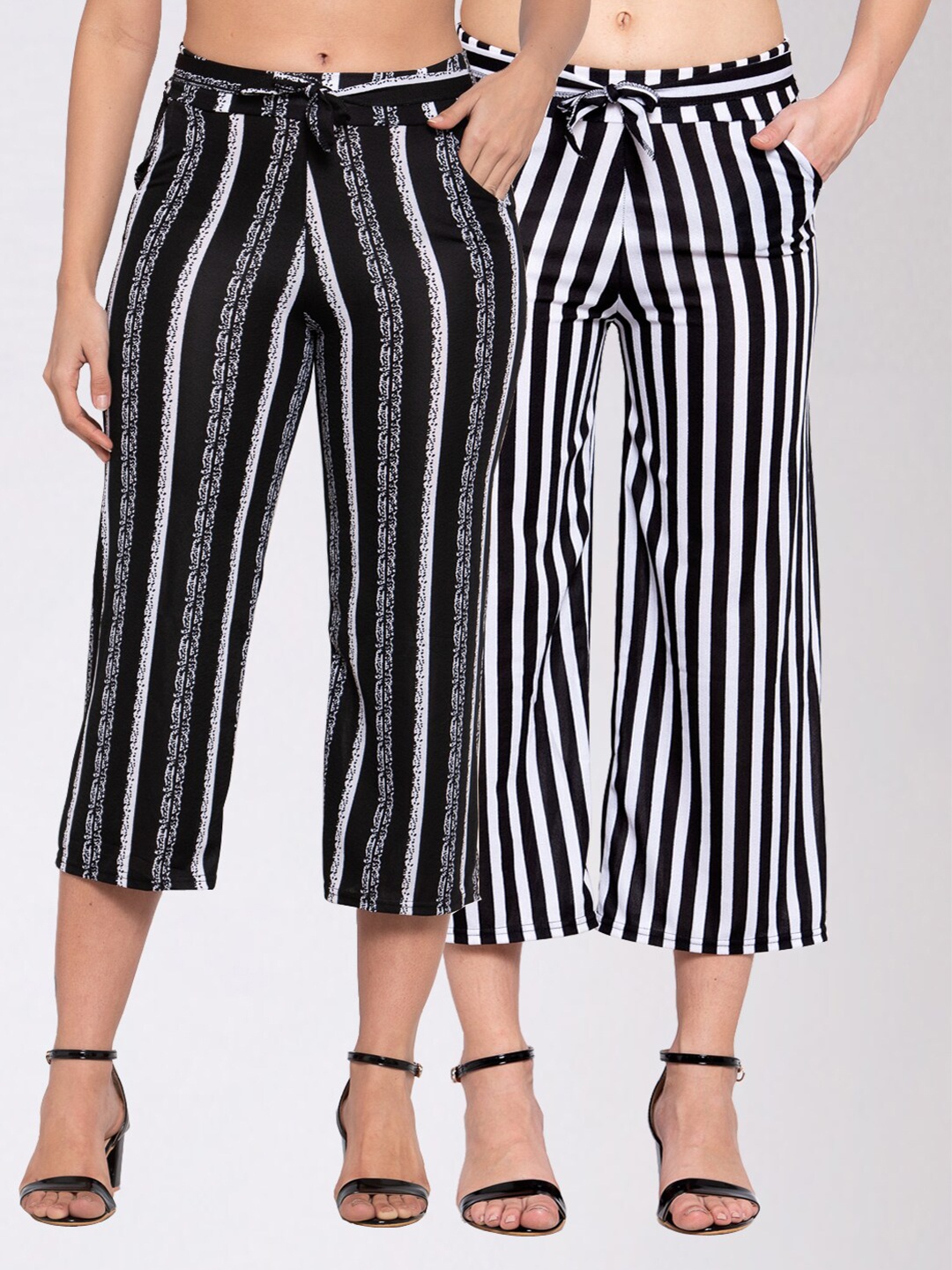 

KLOTTHE Women Pack Of 2 Black & White Striped Wide Leg Palazzos