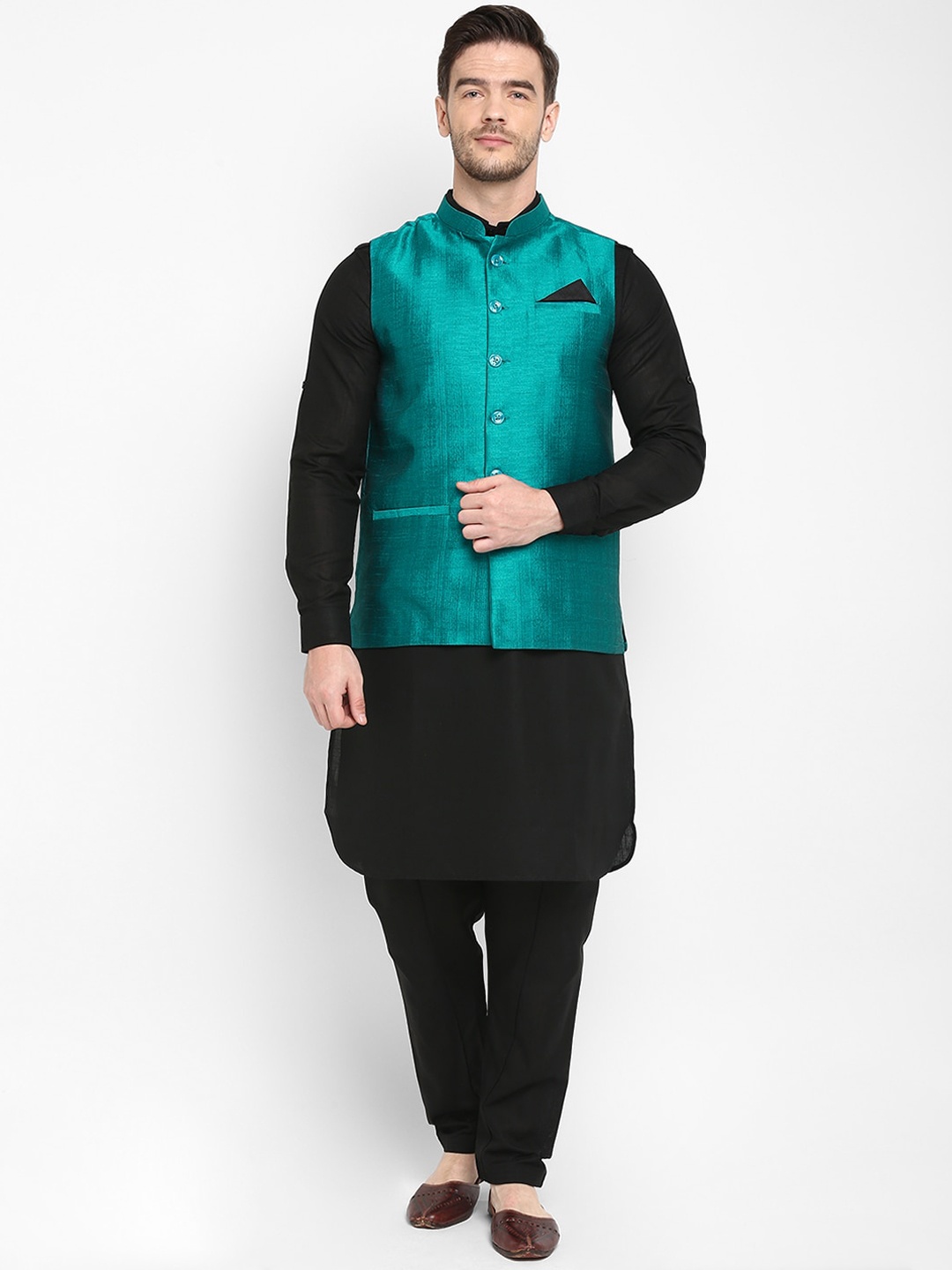 

hangup trend Men Black & Sea Green Solid Kurta with Pyjamas & Nehru Jacket