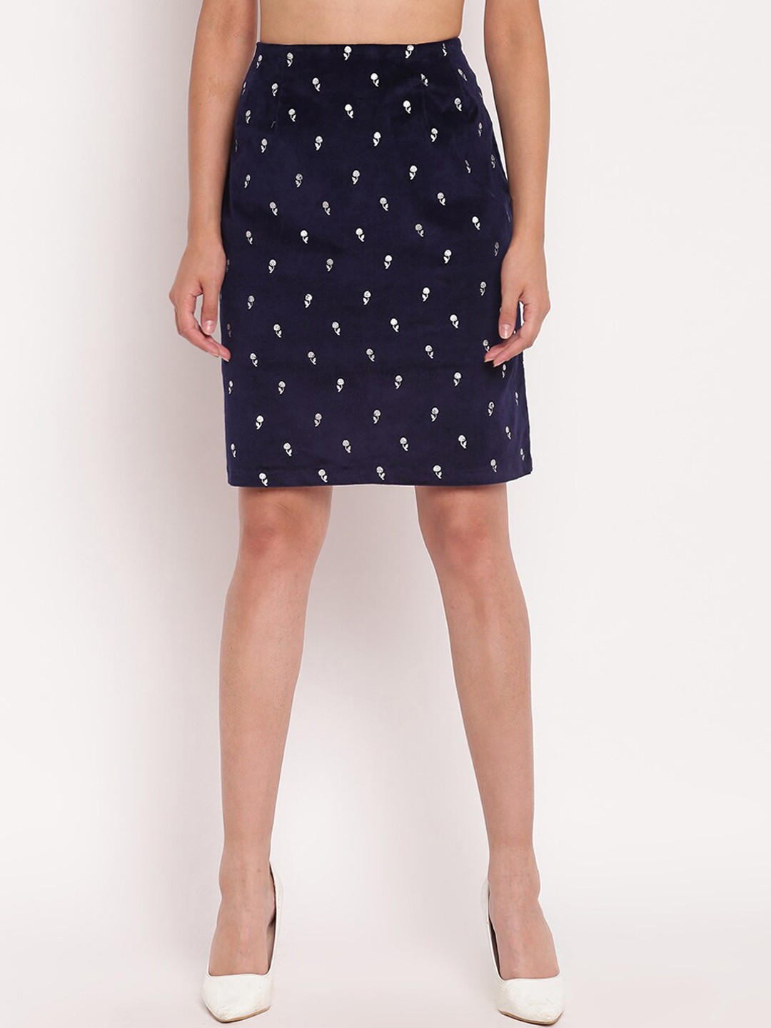 

AKIMIA Women Navy Blue & White Floral Print Denim Straight Skirt