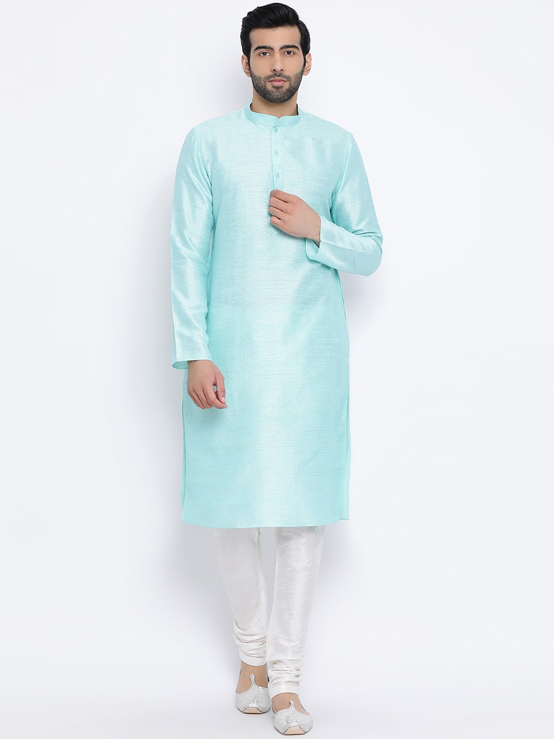 

NAMASKAR Men Turquoise Blue & White Silk Solid Kurta with Churidar
