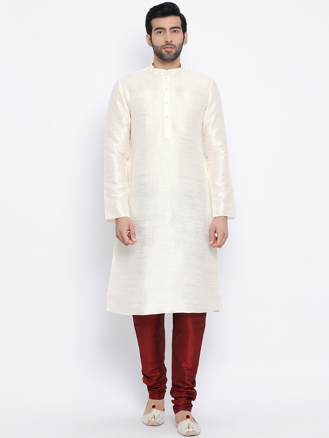 

NAMASKAR Men Off-White & Maroon Solid Silk Kurta with Churidar