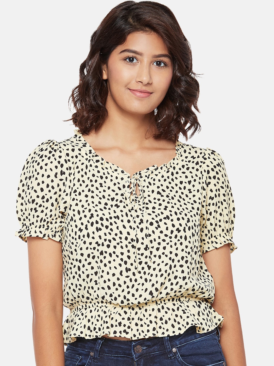 

People Cream-Coloured Animal Tie-Up Neck Blouson Top