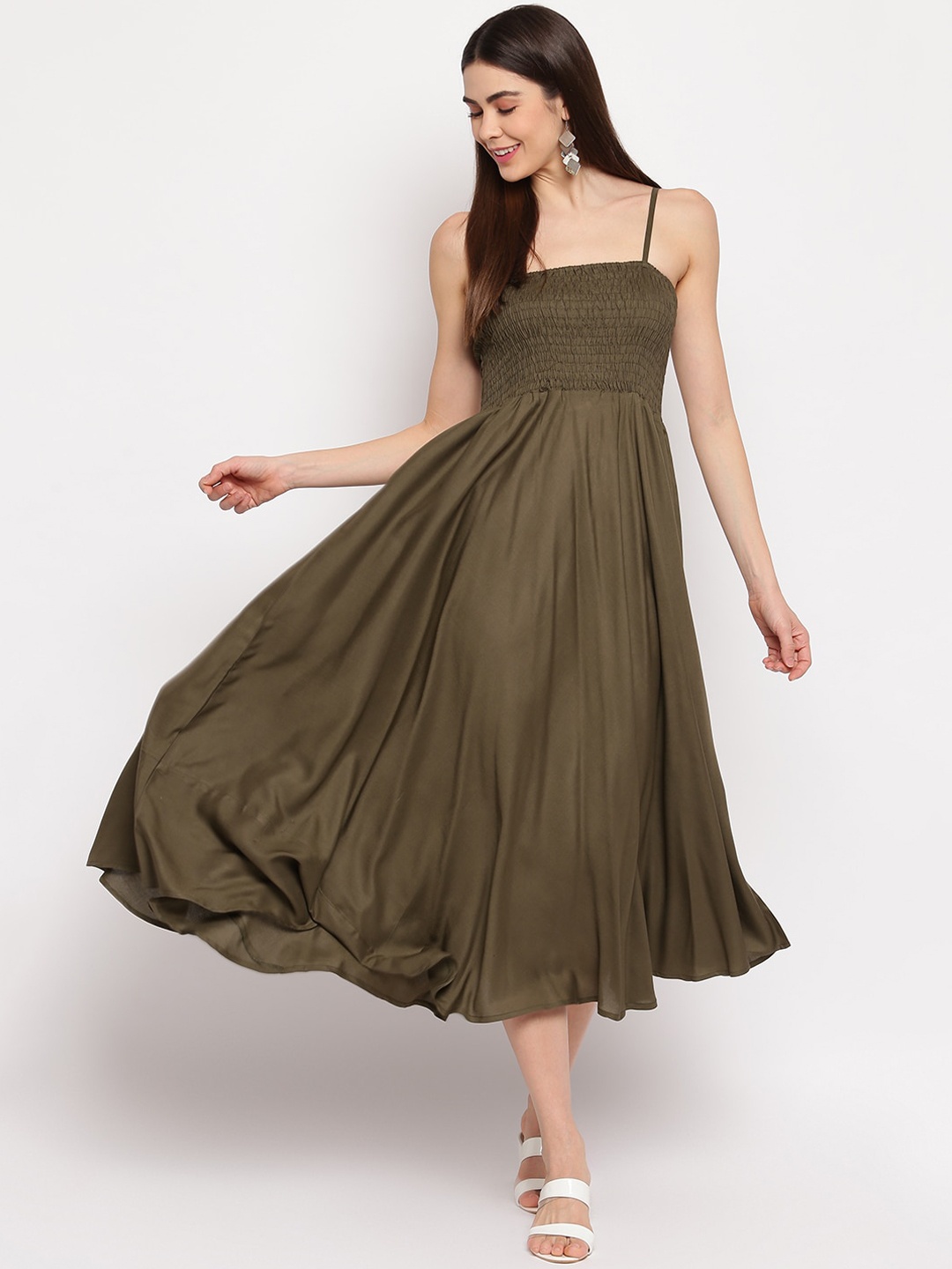 

Aawari Women Olive Green Solid Fit and Flare Dress