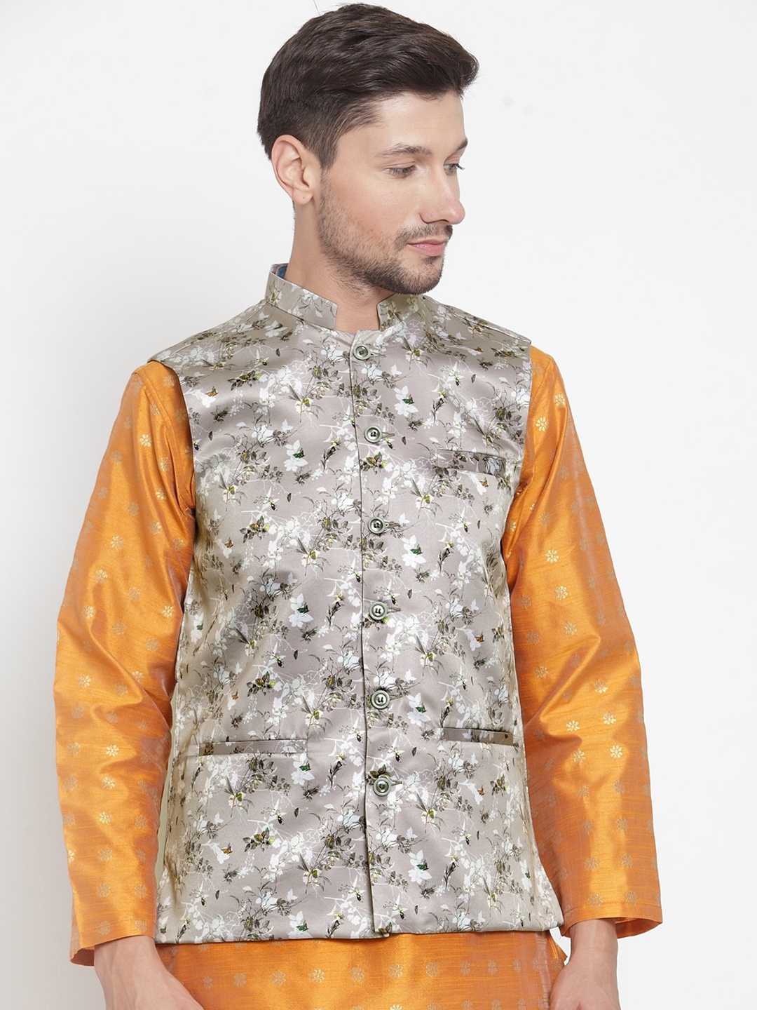 

KLOTTHE Men Grey & Green Floral Printed Nehru Jacket