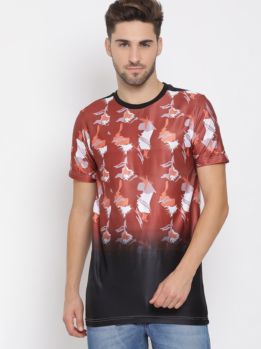 

Hangup Men Brown & Black Printed Round Neck T-shirt