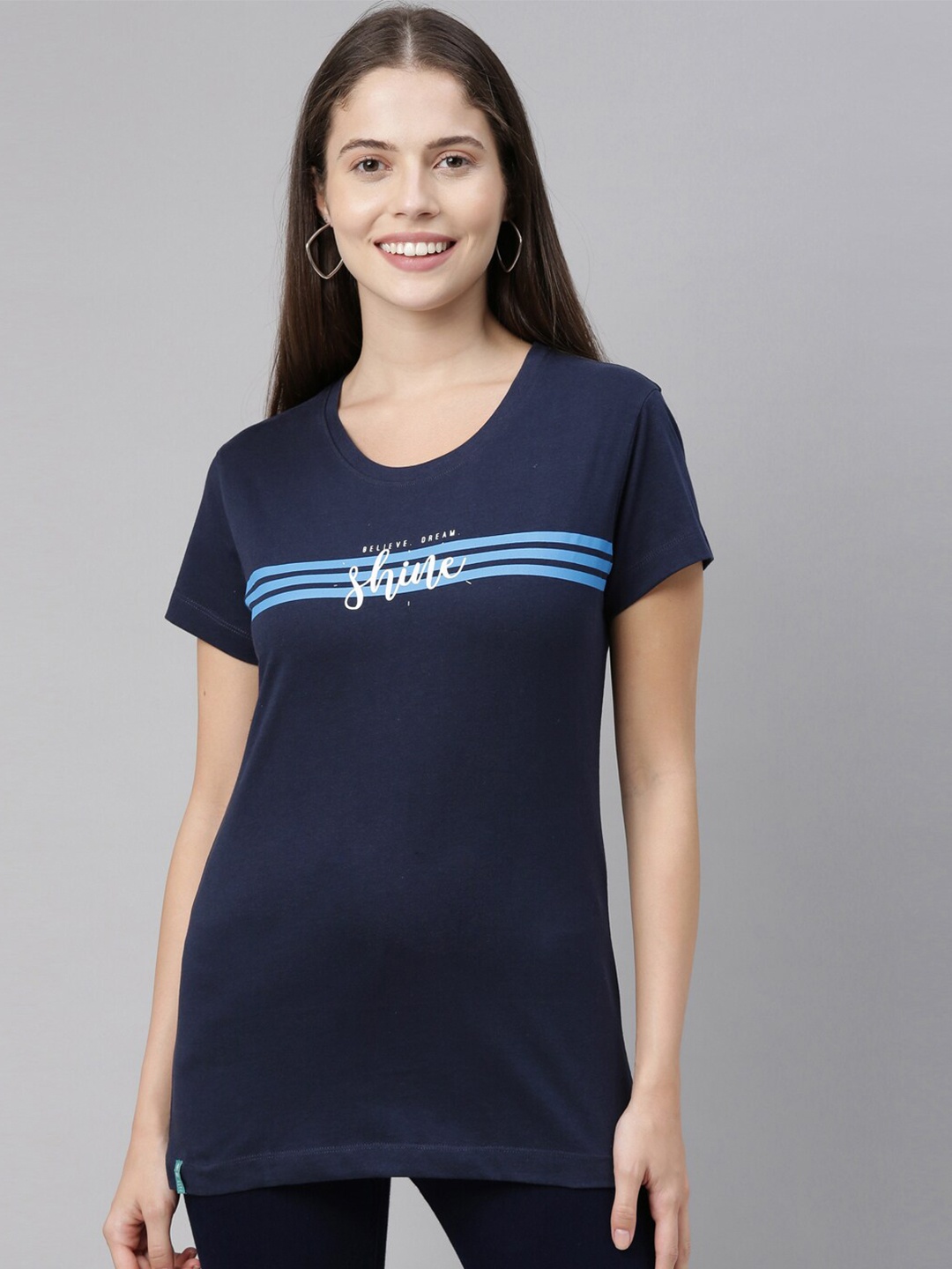 

3PIN Women Navy Blue Printed Round Neck T-shirt