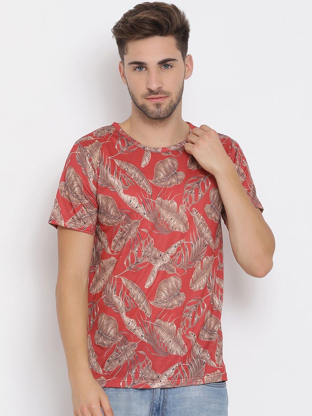 

hangup trend Men Red Brown Printed Round Neck Pure Cotton T-shirt
