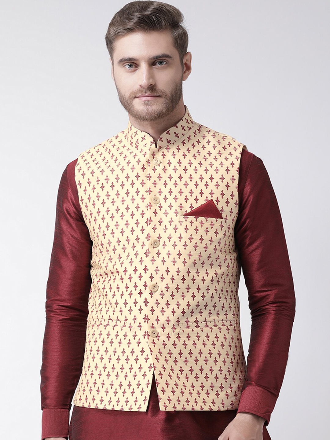 

DEYANN Men Beige & Maroon Printed Dupion Silk Nehru Jacket with Pocket Square