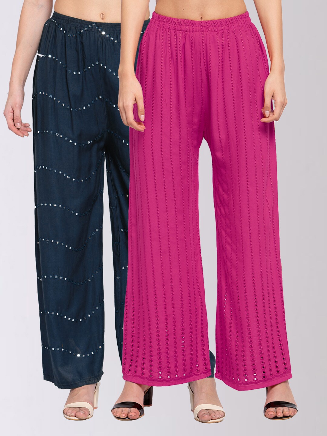 

KLOTTHE Women Pack of 2 Multicoloured Solid Wide Leg Palazzos, Pink