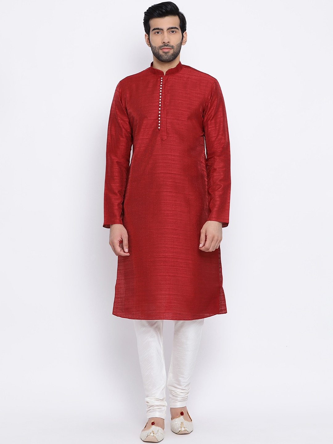 

NAMASKAR Men Maroon Solid Silk Kurta
