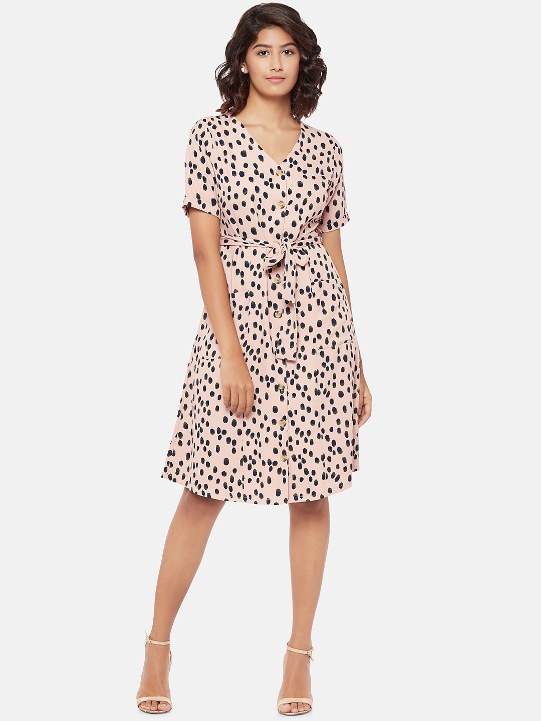 People Women Pink & Black Printed A-Line Dress