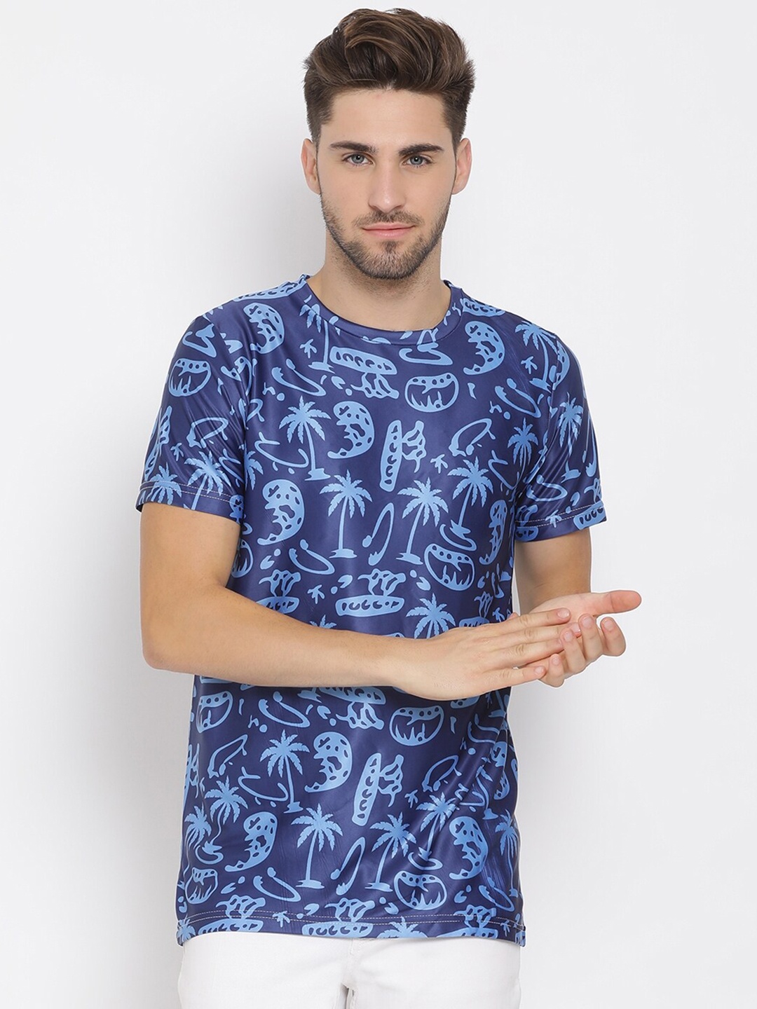 

Hangup Men Blue Printed Round Neck T-shirt