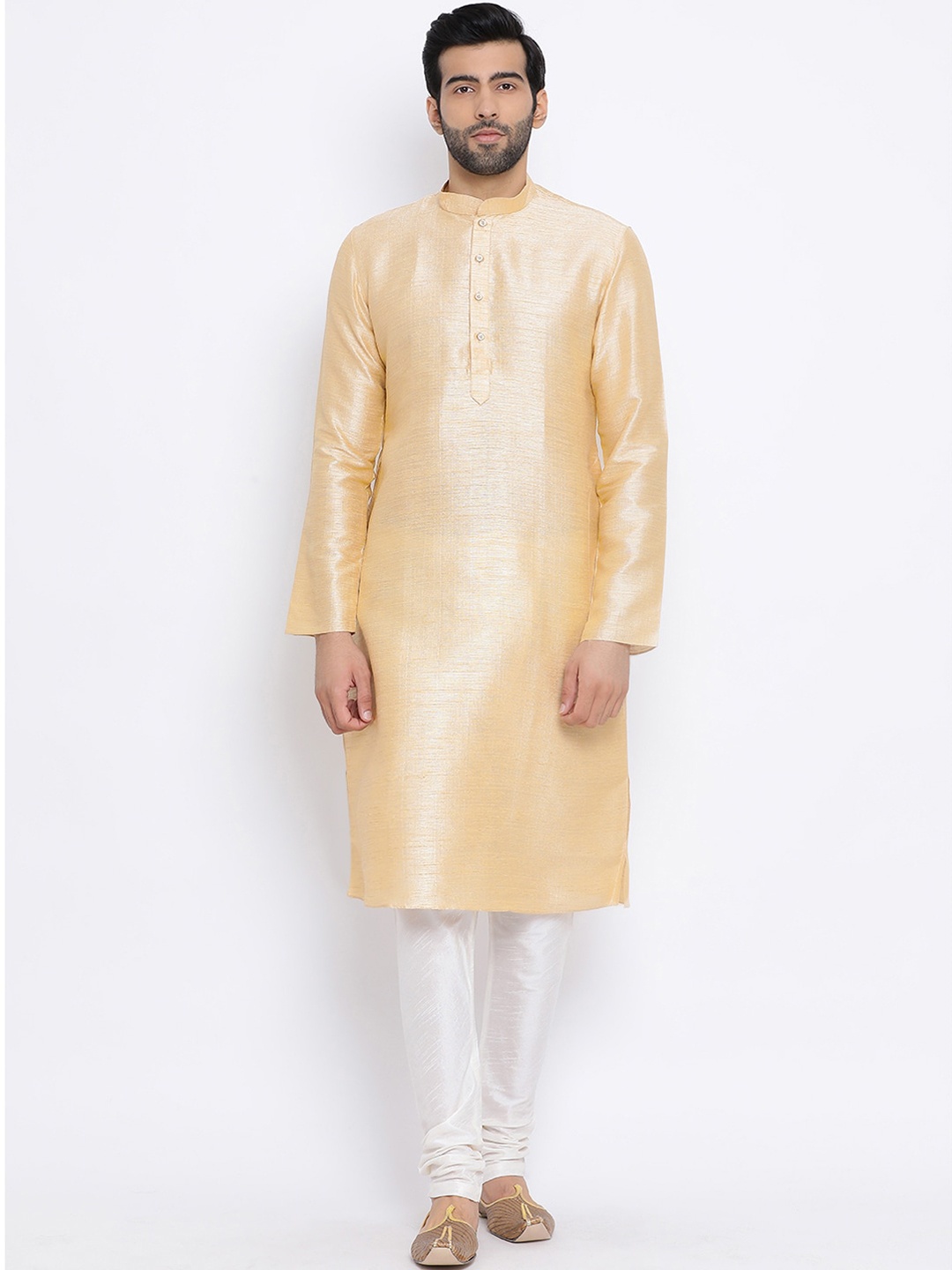 

NAMASKAR Men Beige Solid Silk Kurta with Churidar