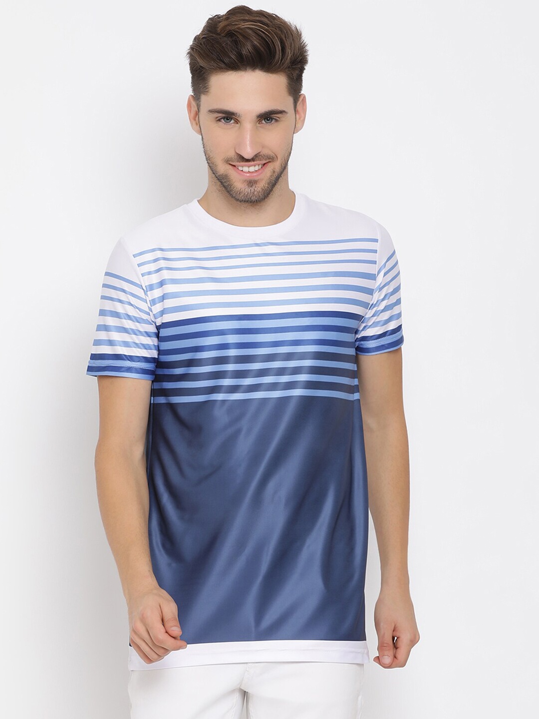 

Hangup Men Blue & White Striped Round Neck T-shirt