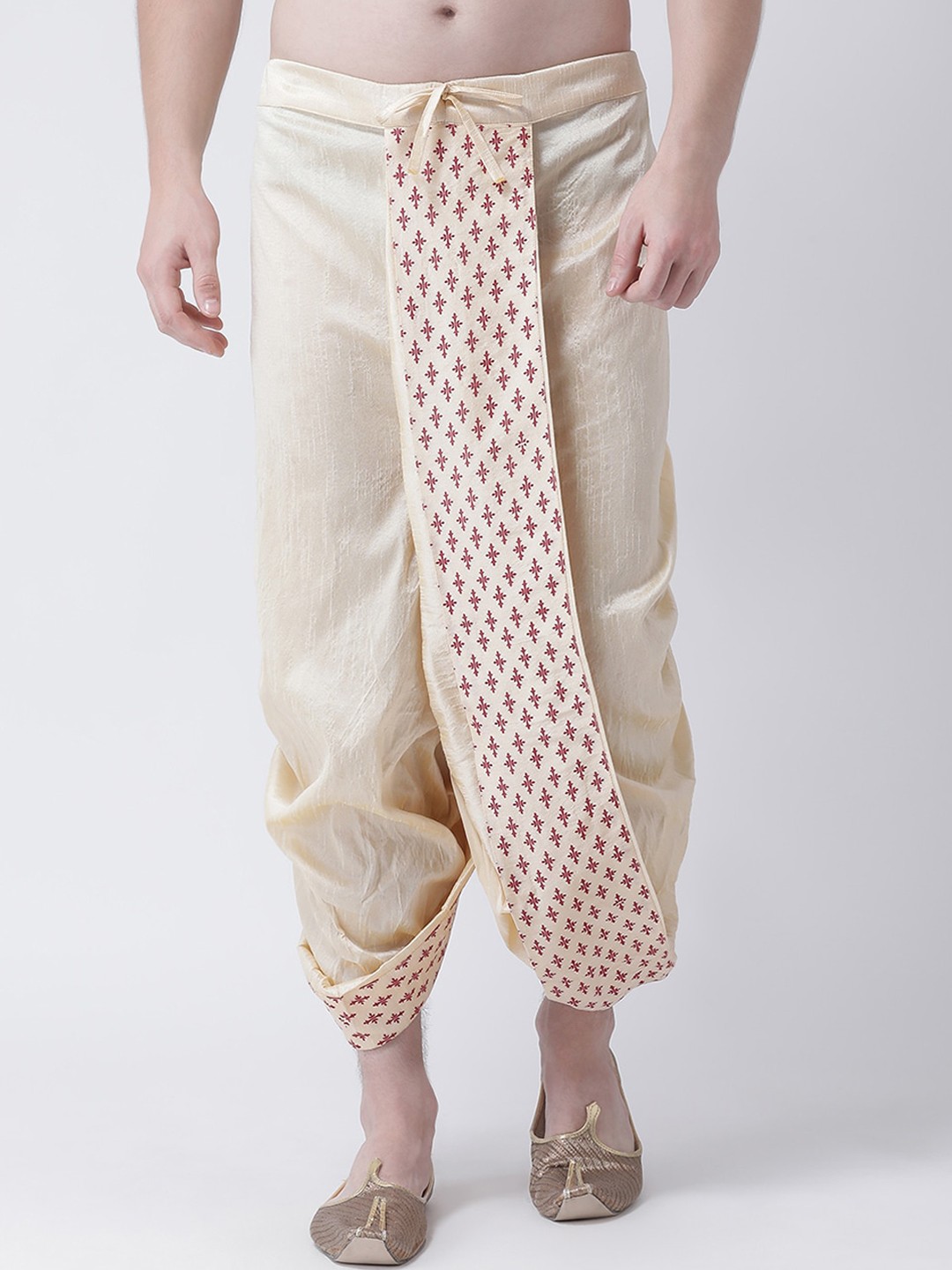 

DEYANN Men Cream-Coloured & Red Printed Dupion Silk Dhoti