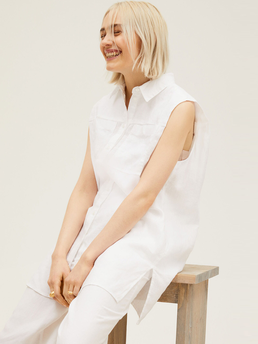 

H&M Women White Solid Sleeveless Linen Blouse
