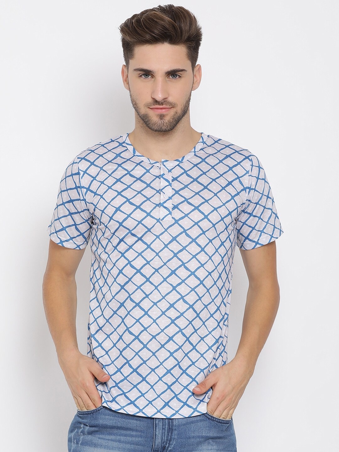 

hangup trend Men White Blue Checked Henley Neck Pure Cotton T-shirt